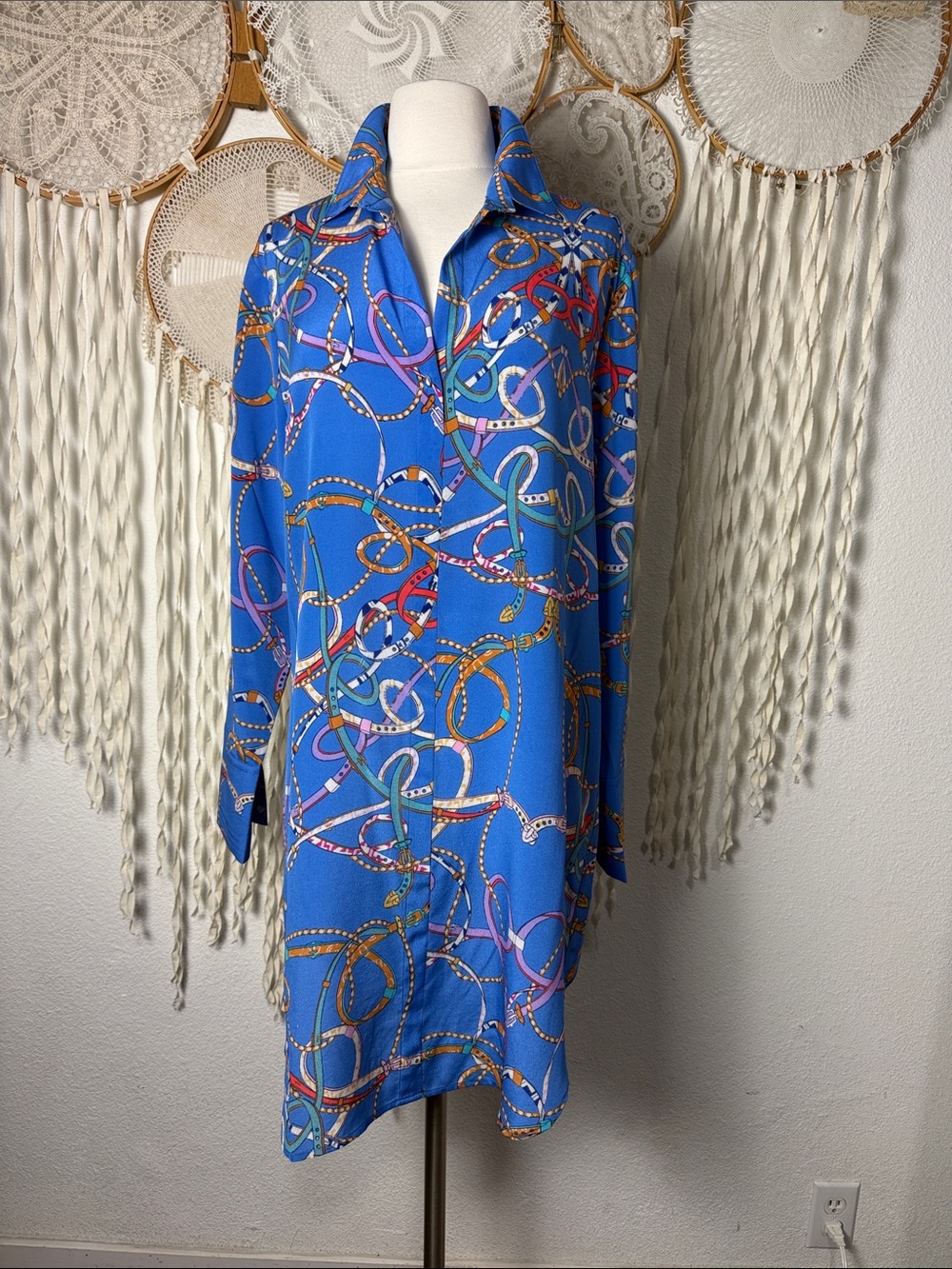 Catherine Gee NWT Daria Silk Shirt Dress in Blue Belt Size Large - Picture 2 of 14